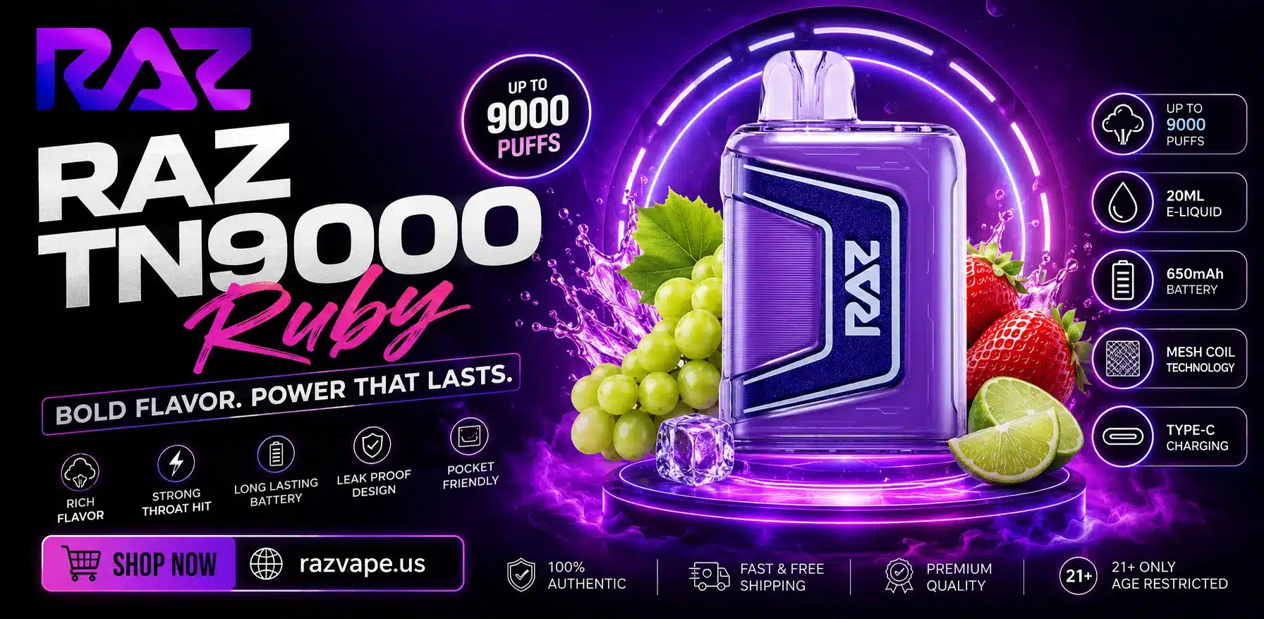 RAZ TN9000 Ruby disposable vape featuring a sleek design, vibrant ruby finish, and high-capacity vaping device.